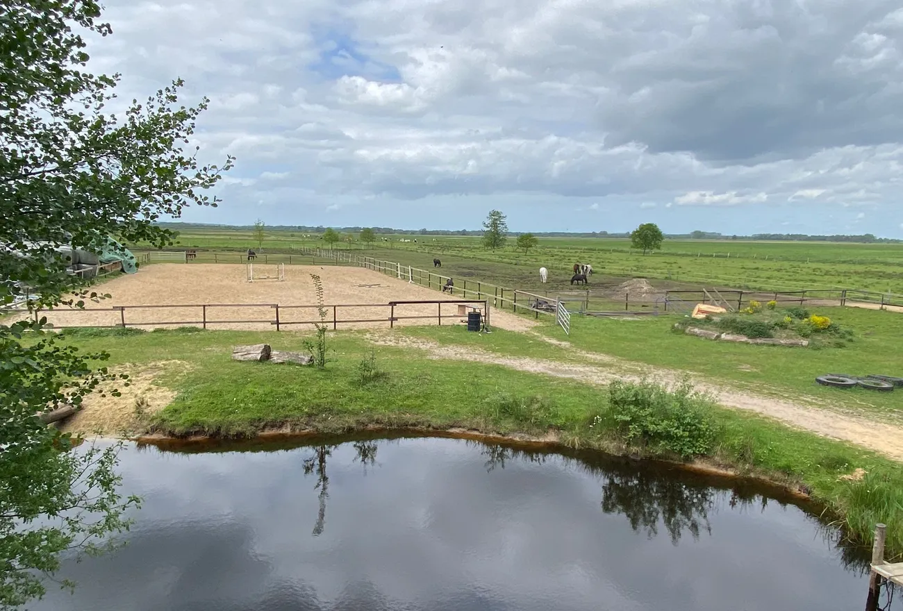 Blick über den Hofteich auf die Reitanlage des Fabelhofs