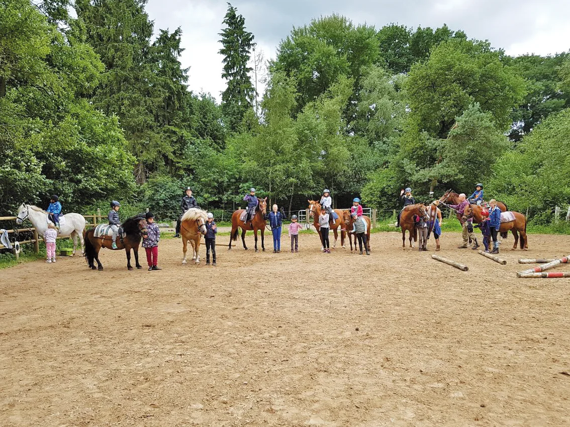 Kinder und Erwachsene mit den Pferden und Ponys des Fabelhofs auf dem Reitplatz